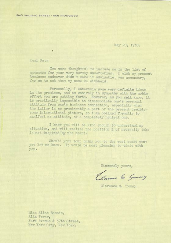 Letter from Clarence M. Young, May 20, 1940 (Source: Roberts) 